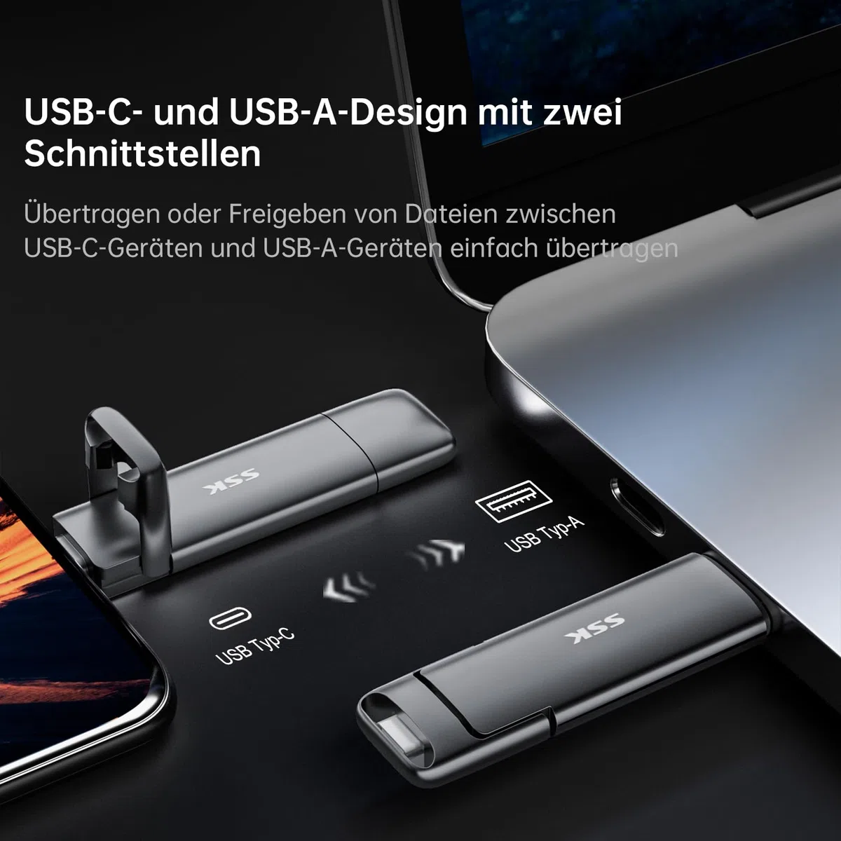 SSK USB C Externe SSD 128GB, mit bis zu 550 MB/s Extreme schneller USB-Stick, Dual-USB Typ C + USBA USB3.2 Gen2 Speicherstick für Android-Telefon, Laptop, Tablet, Mac