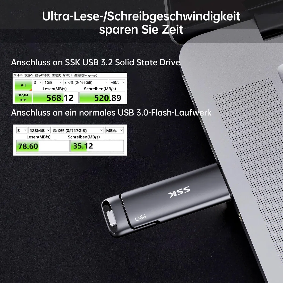 SSK USB C Externe SSD 128GB, mit bis zu 550 MB/s Extreme schneller USB-Stick, Dual-USB Typ C + USBA USB3.2 Gen2 Speicherstick für Android-Telefon, Laptop, Tablet, Mac