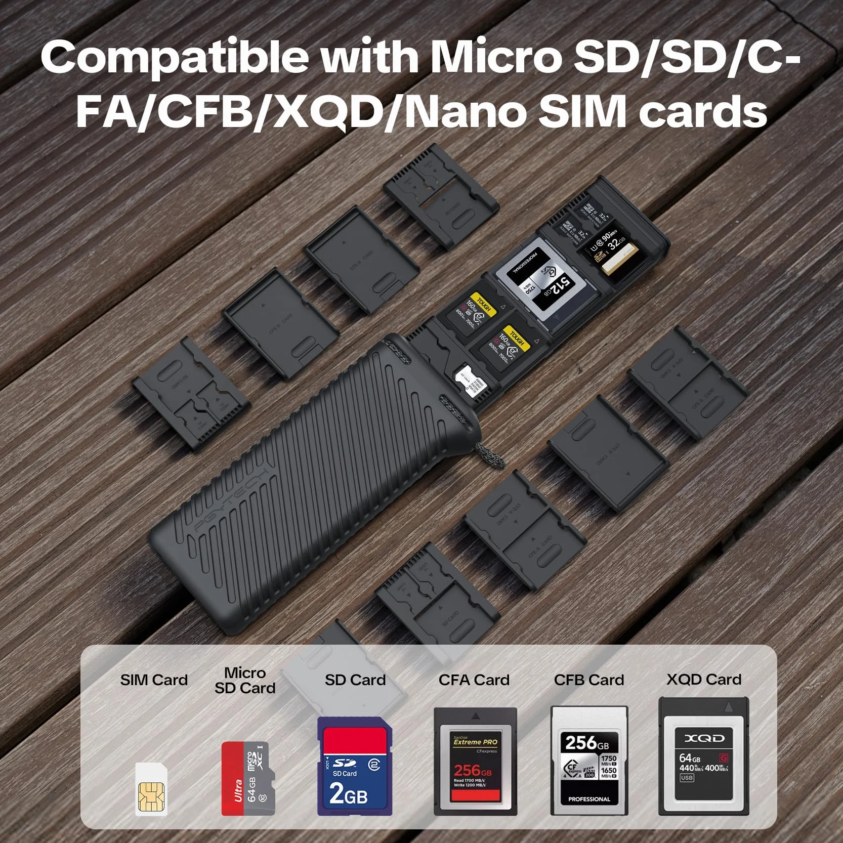 PGYTECH CreateMate Speicherkarten Aufbewahrung Etui, 18 Anpassbare Steckplätze für SD/CF/XQD/SIM, IP54 Wasser-/Staubgeschützt, Aluminiumlegierung + Silikon mit Karabiner für Fotografen